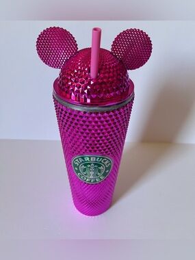 Starbucks Hot Pink Studded Mickey-Ear Tumbler with Straw Brand New